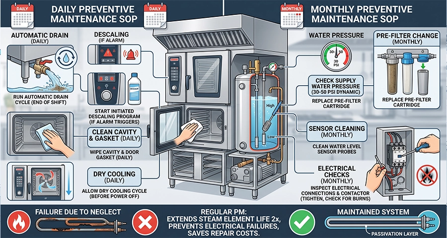 Combi Oven Maintenance Inspection Technician performing combi oven preventative maintenance