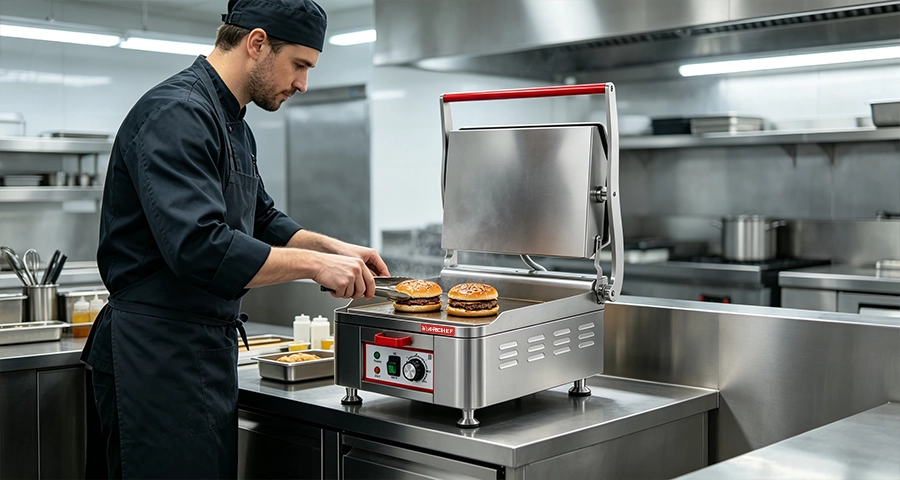 PFAS-Free Commercial Panini Grill Plates Commercial kitchen chef inspecting a heavy-duty PFAS-free panini press plate